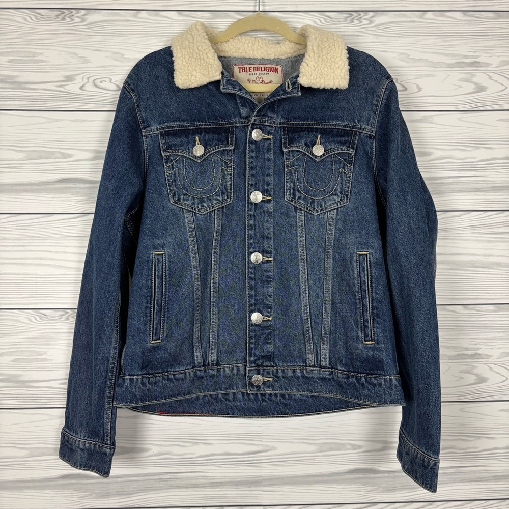True Religion Men’s Faux Sherpa Trucker Denim Jean Jacket Size Small NWOT